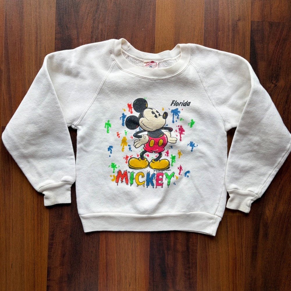 Vintage Sherry Mickey Mouse Florida Sweatshirt Kids White Paint Drip 90s M 8-10